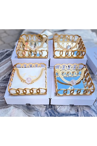 1 Adet Kare Cam Aynalı Plastik Gold Taşlı Peçetelik 18cm