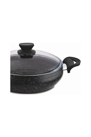 Granit Pro 24 Cm Basık Granit Güveç Tencere Siyah Bakalit Saplı Cam Kapaklı Yapışmaz
