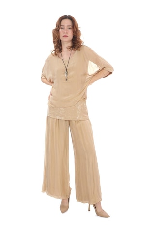 İtalyan Yarasa Kol Pul Payetli İpek Bluz Pantolon Takım Camel