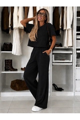 Butik İstanbul Kadın Kısa Kollu Bisiklet Yakalı Modal Bluz Ve Pantolon Ikili Takım Siyah