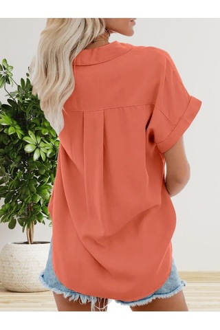 Kadın Kısa Kollu V Yakalı Önden Düğmeli Dokuma Gömlek Turuncu