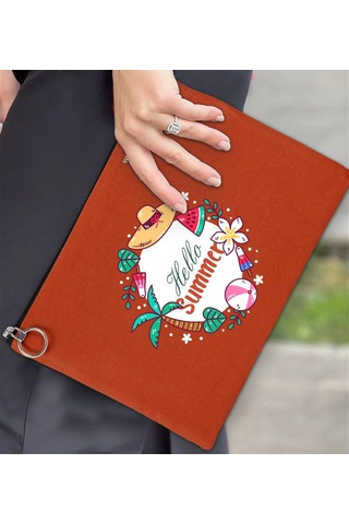 Bk Gift Yaz Temalı-4 Astarlı Kiremit Portföy Çanta 30x21cm, Baskılı El Çantası, Organizer Çanta Çok Renkli