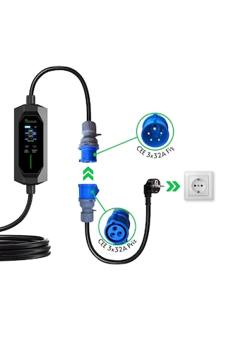 Elektrikli Araba Taşınabilir Şarj Istasyonu 7 Kw / 32a / Tip-2 / 3x32a Fiş / Monofaze / 5m / Çantalı / Ev Tipi Dönüştürücü Kablolu Türkçe Menü Yerli Üretim 3,7 - 7,4 Kw