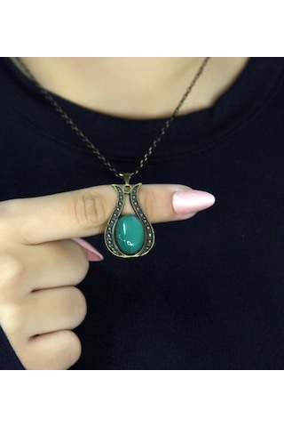 Doğal Taş Yeşil Akik Doğal Taşlı Lale Modelli Antik Kadın Kolye Euk44ya Yeşil