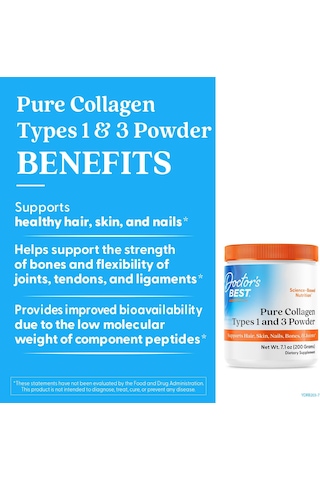 Doctor's Best Pure Collagen Types 1 & 3 Promotes Healthy Skin Hair & Nails Bone & Joint Support 200 G Aromasız