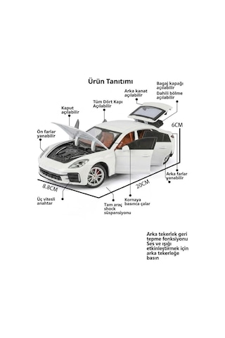 Işıklı Sesli Pilli 1:24 Metal Porsche Panamera Turbo Kapısı Kaputu Ve Bagajı Açılabilir Model Araba Beyaz