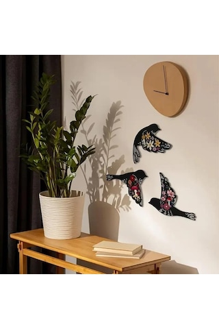 Cajuart Dekoratif Üçlü Siyah Çiçek Motifli Kuşlar Ahşap Duvar Dekoru Tablo Süs