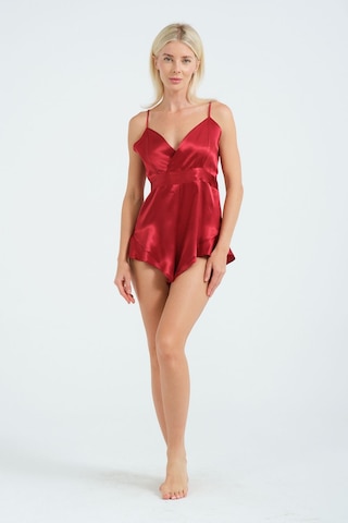 Laperissa Kadın Kırmızı Saten Tulum Fırfır Ve Lastik Detaylı, Askılı, Şık Ev Giyim Ve Gece Stili Kırmızı