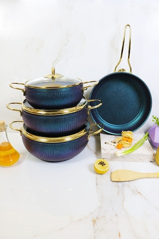 Evita 7 Parça Granit Cam Kapaklı Küre Güveç Tencere Seti Yeşil