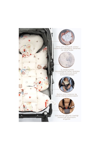 Mordesign Bebek Arabası Minderi, Bel Destekli, Çift Taraflı, Animal Serisi, Beyaz