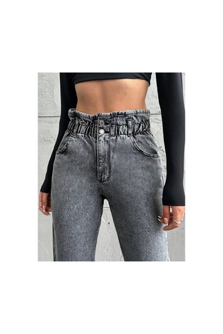 Kene Jeans Yüksek Bel Kar Siyah Çift Düğme Kemer Büzgülü Mom Jeans Kar Siyah