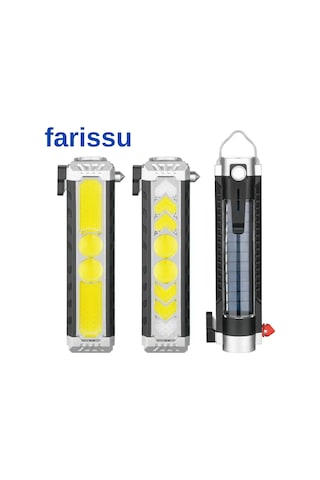 Çok Fonksiyonlu Oto Acil Durum El Feneri - Cob Led, Güneş Enerjili, Cam Kırıcı & Kemer Kesici Siyah
