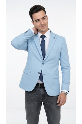 Plus Scorpion Ck 142 Slim Fit Mikro Desenli Erkek Ceket Yazlık Pike Kumaş Çift Yırtmaç Blazer Mavi