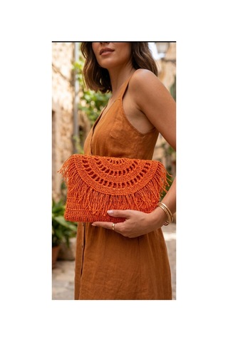 Trakyatrend Crunch Çanta El Yapımı Hasır Kağıt İp Püsküllü Clutch Turuncu