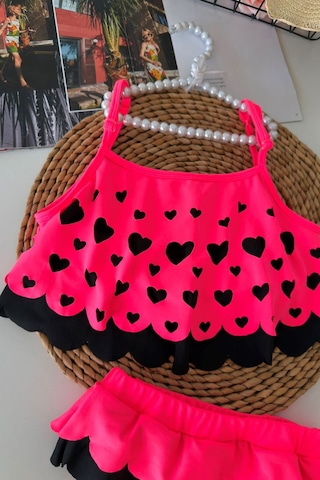 Minigimin Cicileri Kalp Desenli Fırfırlı Kız Çocuk Bikini Takımı - Fuşya