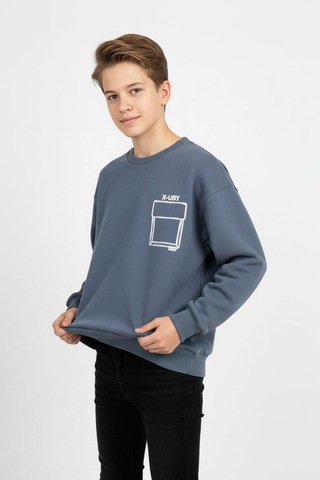 Baskı Detaylı Bisiklet Yaka Erkek Çocuk Sweatshirt-90911 İndigo