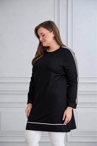 Esra Butik78 Kristal Kumaş Şerit Detaylı Tesettür Tunik 90 Cm Rahat Kalıp Günlük Şık Tunik Siyah