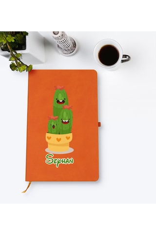 Kişiye Özel Kaktüs Tasarımlı Turuncu Termo Deri Defter Model 9
