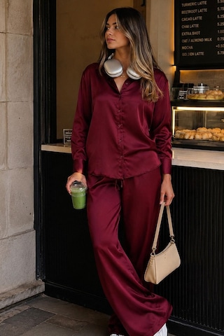 Madmext Bordo Saten Gömlek Pantolon Takım Mg2745