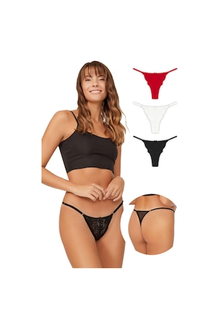 Cottonhill Önü Dantelli Tül Detaylı Kadın Tanga 3'lü Paket Külot - 2 Renkli-2 Çok Renkli