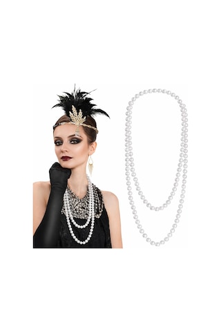 1920 Gatsby İnci Kolye Vintage Uzun Beyaz İnci Kolye Açık Bej
