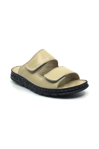 Taşpınar 204 %100 Hakiki Deri Ortopedik Erkek Yazlık Rahat Terlik Ayarlanabilir Cırtlı Bej