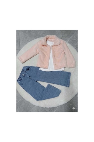 Bubiee Baby Kız Çocuk Pembe Pelüş Ceket Kısa Kollu Fitilli Body Ve Jean Pantolon 3'lü Takım Çok Renkli