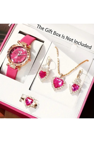 Kadın Vintage Yuvarlak Saat Analog Ve Kolye+küpe+yüzü Rose Gold