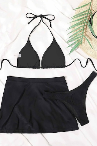 Angelsin Deniz Etekli 3 Lü Bikini Takım Çıkartılabilir Kaplı Siyah