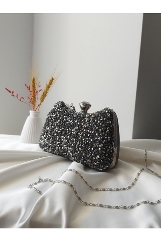 Vivazzaluxe Kristal Taşlı Kadın Abiye, Clutch Çanta Antrasit