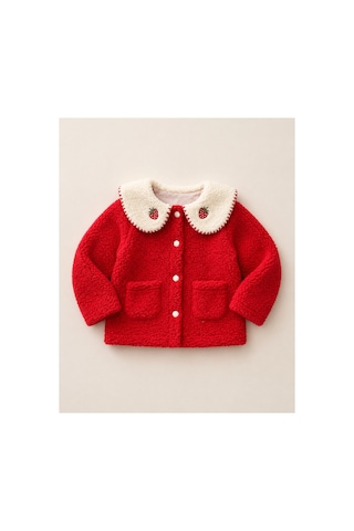 Omeca Concept Çilek Nakışlı Bebe Yaka Kırmızı Peluş Kız Çocuk Mont