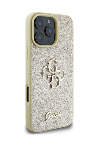 Apple iPhone 16 Pro Max Uyumlu Kılıf Guess Lisanslı 4g Büyük Metal Logolu Glitter Kapak Gold
