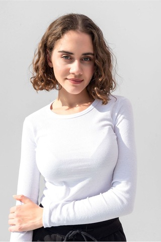 Gri Uzun Kollu Fitilli Bluz Crop Örme T-shirt Beyaz