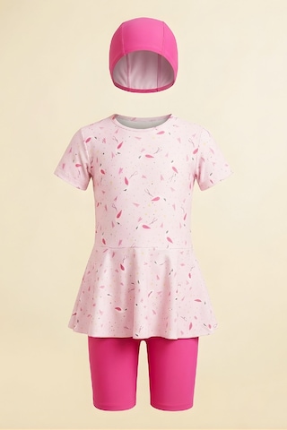 Modanino Kız Çocuk 3'lü Mayo Takımı Tunik Boy Üst+diz Boy Alt Ve Bone 7-16 Yaş 12601b Pembe