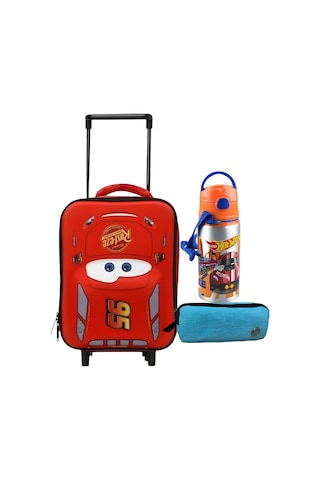 Ottonya Cars Çekçekli Anaokulu Çantası , Çift Gözlü Kalemlik - Hotwheels Aluminyum Matara Kirmizi