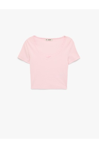 Koton Kısa Kollu U Yaka Slim Fit Pamuklu Crop Tişört Pembe 6sal10015ık Gül