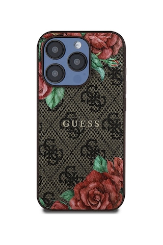 Apple Uyumlu iPhone 15 Pro Kılıf Guess Lisanslı Magsafe Şarj Özellikli Gül Baskılı Yazı Logolu Kapak Kahverengi
