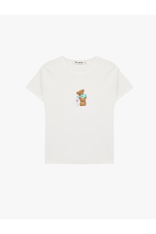 Koton Slim Fit Kısa Kollu Bisiklet Yaka Ayıcık Nakışlı Tişört Ekru 6sal10121ık Ekru