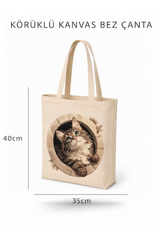 Lunora Collectıon Kedi Baskılı Körüklü Kanvas Bez Çanta Ham Renk
