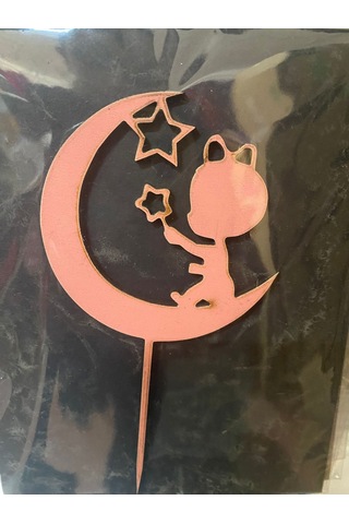 Premium Süsleme Kız Çocuk Hatıra Ayda Oturan Bebek Pembe Ahşap Pasta Üzeri Süs