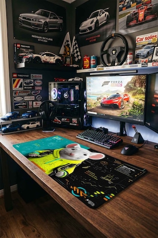 Beyaz Fare Neon Sarı Hoodie 40x90 Cm Oyuncu Mousepad Kaymaz Taban Büyük Boy Siyah
