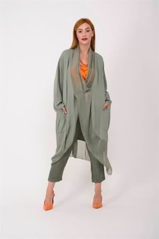 Bohem Stil Italyan Ipek Detaylı Oversize Kaftan & Bluz-8711 Açık Haki