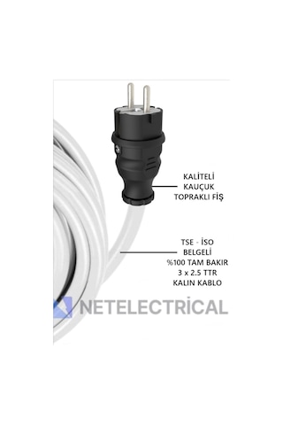 Kauçuk 4'lü 30 Metre Topraklı Grup Priz - 3x2.5 Ttr Tam Bakır Kalın Beyaz Kablo 30 Metre