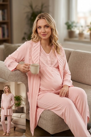 Bone Club 6305 Uzun Kol 3 Lü Sabahlıklı Lohusa Hamile Pijama Takımı Pudra