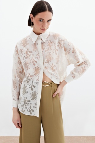 Sateen Kendinden Desenli Salaş Gömlek - Krem-136059 Krem