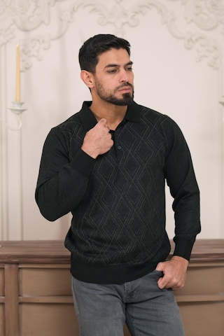 Woolen World Polo Yaka Desenli Yünlü Erkek Triko Kazak Siyah