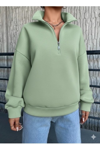 No8 Home 3 İplik Şardonlu Yarım Fermuarlı Sweatshirt Mint Mint