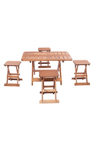 Modermo 4 Kişilik Tabureli Ahşap Orta Sehpa Seti Grup H Ceviz