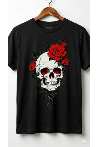 Erkek Kuru Kafa Kırmızı Gül Detayı Baskılı Pamuklu Regular T-shirt Siyah