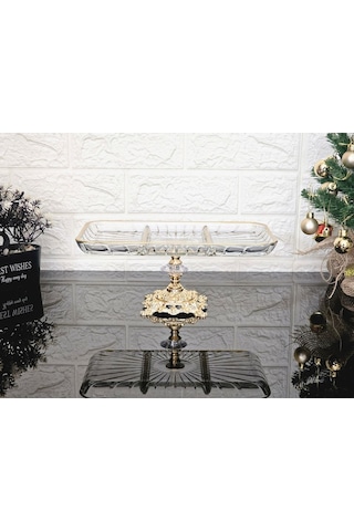 Paşabahçe Elegance Bölmeli Gold Döküm Ayaklı Sunum Kayık Dikdörtgen Tabak & Servis Tabak 27 Cm Beyaz